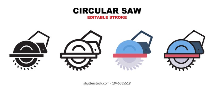 Circular Saw icon set with different styles. Icons designed in filled, outline, flat, glyph and line colored. Editable stroke and pixel perfect. Can be used for web, mobile, ui and more.