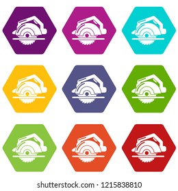 Circular saw icons 9 set coloful isolated on white for web