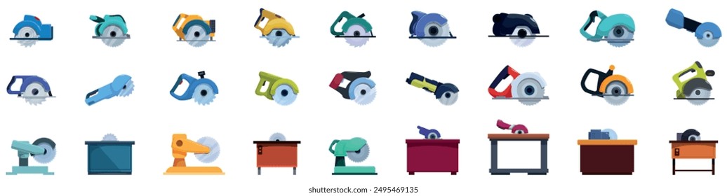 Circular saw machine icons set. Collection of circular saw icons showing woodworking and construction tools for cutting wood, metal, concrete, or other materials