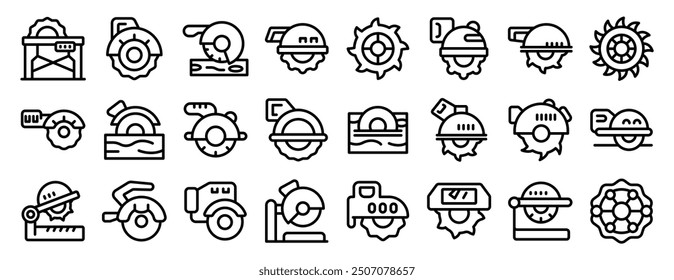 Kreissägemaschinen-Icons gesetzt. Als Symbole werden verschiedene Arten von Kreissägen, Schneidwerkzeugen und Sägewerksanlagen dargestellt