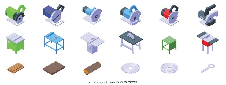 Conjunto de ícones da máquina de serra circular. Ícones isométricos que representam diferentes tipos de serras circulares, serras de mesa, lâminas de serra, pranchas de madeira e uma chave de serra de mesa, úteis para projetos de madeira