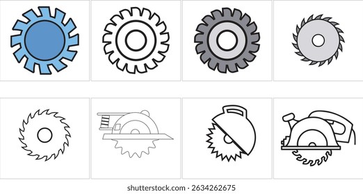 Circular Saw Machine Icons Set. Worker Saw Icons Various types of circular saws, cutting tools, and sawmill equipment are depicted as icons.
