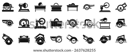  Circular saw machine icons set. Set of circular saw blades for cutting wood and table saws used in woodworking and carpentry