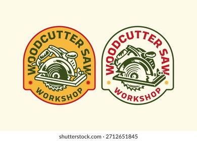 Circular saw machine retro badge logo design set for woodworking. Woodcut saw tool vintage emblem illustration pack for carpentry. Electric saw and handle rustic patch element design for workshop