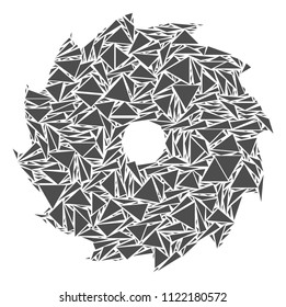 Circular saw mosaic of triangle items in variable sizes and shapes. Vector polygons are composed into circular saw illustration. Geometric abstract vector illustration.