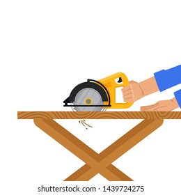 Circular saw 
sawing wood illustration. Electric disc tool for cutting wood or metal. Woodworking.