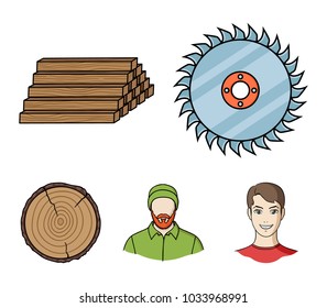 Circular saw, a working carpenter, a stack of logs. A sawmill and timber set collection icons in cartoon style vector symbol stock illustration web.