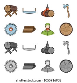 Circular saw, a working carpenter, a stack of logs. A sawmill and timber set collection icons in cartoon,monochrome style vector symbol stock illustration web.