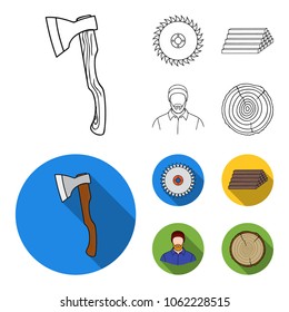 Circular saw, a working carpenter, a stack of logs. A sawmill and timber set collection icons in outline,flat style vector symbol stock illustration web.