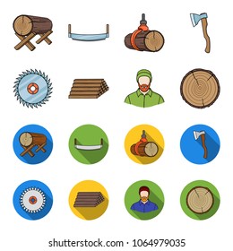 Circular saw, a working carpenter, a stack of logs. A sawmill and timber set collection icons in cartoon,flat style vector symbol stock illustration web.