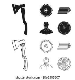 Circular saw, a working carpenter, a stack of logs. A sawmill and timber set collection icons in black,outline style vector symbol stock illustration web.