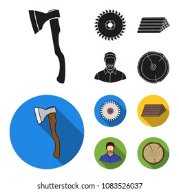 Circular saw, a working carpenter, a stack of logs. A sawmill and timber set collection icons in black, flat style vector symbol stock illustration web.