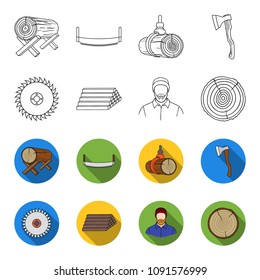 Circular saw, a working carpenter, a stack of logs. A sawmill and timber set collection icons in outline,flat style vector symbol stock illustration web.