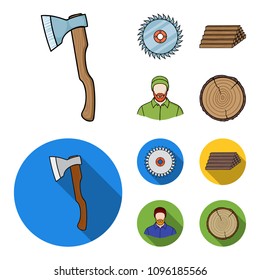 Circular saw, a working carpenter, a stack of logs. A sawmill and timber set collection icons in cartoon,flat style vector symbol stock illustration web.