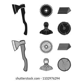 Circular saw, a working carpenter, a stack of logs. A sawmill and timber set collection icons in black,monochrom style vector symbol stock illustration web.