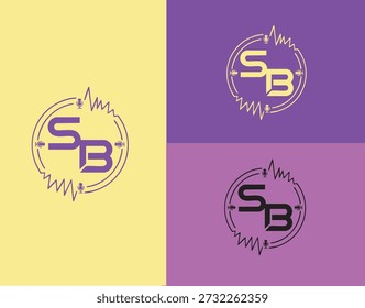 Circular SB badge logo design with integrated frequency ring for audio branding, record label, sound equipment store, and hifi music system logo. Editable vector.