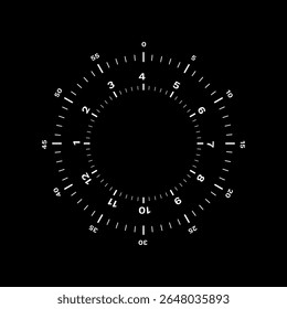 Gráfico de escala circular com marcas de escala radiais detalhadas e indicadores numéricos para medição precisa.