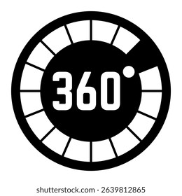 Circular scale measuring 360 degrees, indicating a full rotation or a complete cycle, visualized with a simple black and white graphic icon