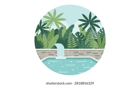 Circular scene of a tropical jungle pool with a flowing waterfall surrounded by lush green palm trees in rain.