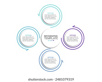 Circular scheme with 4 options or  elements. Concept of cyclic business process with 4 stages. Minimal infographic design template. Modern flat vector illustration for data visualization.