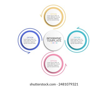 Circular scheme with 4 options or  elements. Concept of cyclic business process with 4 stages. Minimal infographic design template. Modern flat vector illustration for data visualization.