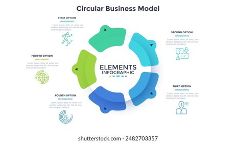 Circular scheme with five round colorful elements. Concept of cyclic business process with 5 stages. Minimal infographic design template. Modern flat vector illustration for data visualization.