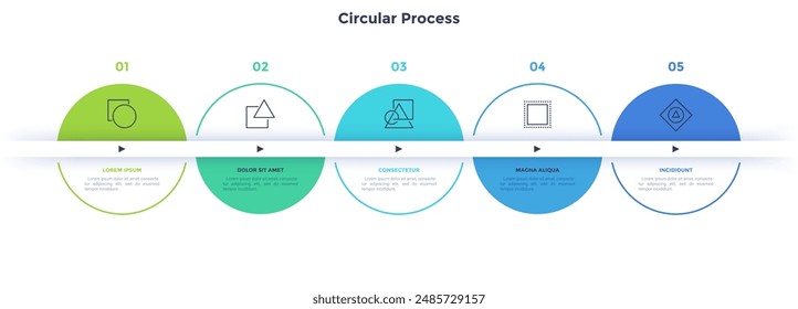 Circular scheme with five round colorful elements. Concept of process business process with 5 stages. Minimal infographic design template. Modern flat vector illustration for data 