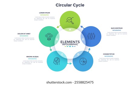 Circular scheme with five round colorful elements. Concept of cyclic business process with 5 stages. Minimal infographic design template. Modern flat vector illustration for data visualization.