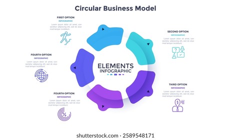 Circular scheme with five round colorful elements. Concept of cyclic business process with 5 stages. Minimal infographic design template. Modern flat vector illustration for data visualization.