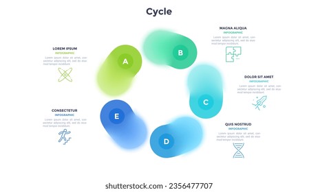 Circular scheme with five round colorfur elements. Concept of cyclic business process with 5 stages. Minimal infographic design template. Modern flat vector illustration for data visualization.