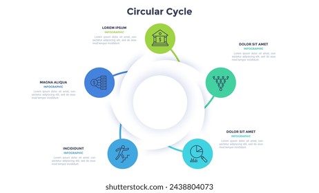 Circular scheme with five round paper white elements. Concept of cyclic business process with 5 stages. Minimal infographic design template. Modern flat vector illustration for data visualization.