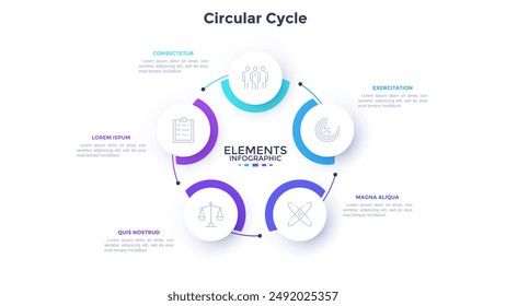 Circular scheme with five round paper white elements. Concept of cyclic business process with 5 stages. Minimal infographic design template. Modern flat vector illustration for data visualization.