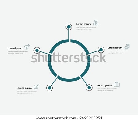 Circular scheme with five round paper white elements. Concept of cyclic business process with 5 stages. Minimal infographic design template. Modern flat vector illustration for data visualization.