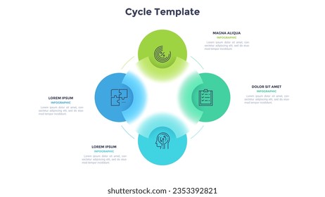 Esquema circular con cuatro elementos coloridos redondos. Concepto de proceso de negocios cíclico con 4 etapas. Plantilla mínima de diseño infográfico.Ilustración vectorial de vidrio moderna para visualización de datos