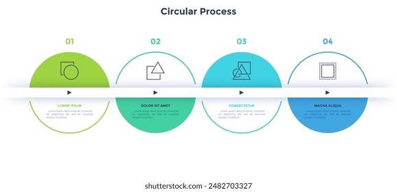 Esquema circular con cuatro Elementos redondos de colores. Concepto de proceso de negocio con 4 etapas. Plantilla mínima de diseño infográfico. Ilustración vectorial plana moderna para datos 