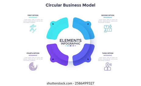 Circular scheme with four round colorful elements. Concept of cyclic business process with 4 stages. Minimal infographic design template. Modern flat vector illustration for data visualization.