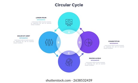 Circular scheme with four round colorful elements. Concept of cyclic business process with 4 stages. Minimal infographic design template. Modern flat vector illustration for data visualization.