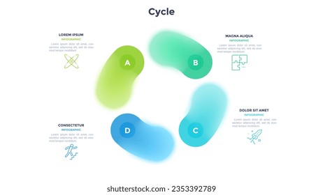 Circular scheme with four round colorfur elements. Concept of cyclic business process with 4 stages. Minimal infographic design template. Modern flat vector illustration for data visualization.