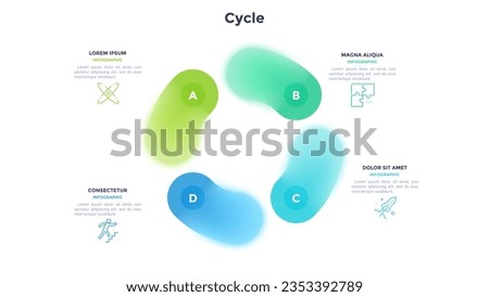 Circular scheme with four round colorfur elements. Concept of cyclic business process with 4 stages. Minimal infographic design template. Modern flat vector illustration for data visualization.