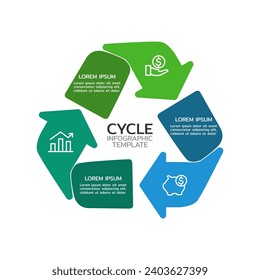 Circular scheme with four round paper white elements. Concept of cyclic business process with 3 stages and icons.