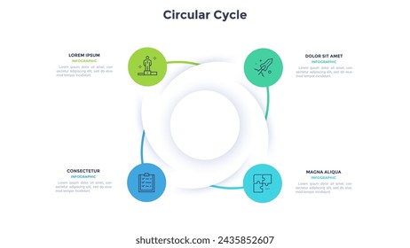 Circular scheme with four round paper white elements. Concept of cyclic business process with 4 stages. Minimal infographic design template. Modern flat vector illustration for data visualization.