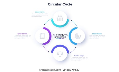 Esquema circular con cuatro Elementos blancos de papel redondos. Concepto de proceso de negocio cíclico con 4 etapas. Plantilla mínima de diseño infográfico. Ilustración vectorial plana moderna para visualización de datos.