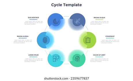 Circular scheme with six round colorful elements. Concept of cyclic business process with 6 stages. Minimal infographic design template. Modern glassmorphism vector illustration for data visualization