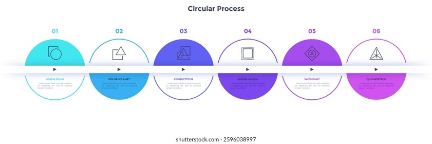Circular scheme with six round colorful elements. Concept of process business process with 6 stages. Minimal infographic design template. Modern flat vector illustration for data 