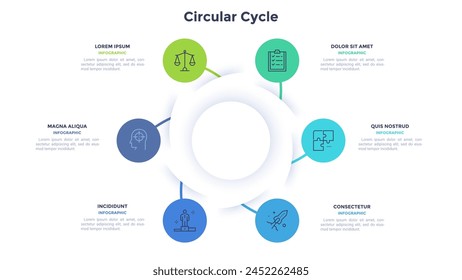 Circular scheme with six round paper white elements. Concept of cyclic business process with 6 stages. Minimal infographic design template. Modern flat vector illustration for data visualization.