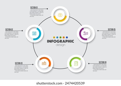 Esquema circular con seis Elementos blancos de papel redondos. Concepto de proceso de negocio cíclico con 6 etapas. Plantilla mínima de diseño infográfico.