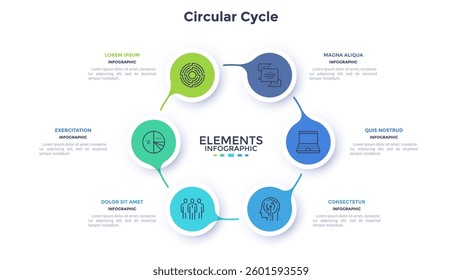 Circular scheme with six round paper white elements. Concept of cyclic business process with 6 stages. Minimal infographic design template. Modern flat vector illustration for data visualization.