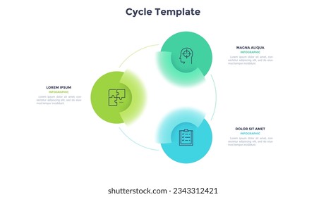 Esquema circular con tres elementos coloridos redondos. Concepto de proceso de negocios cíclico con 3 etapas. Plantilla mínima de diseño infográfico. Ilustración vectorial de glasmorfismo para visualización de datos.