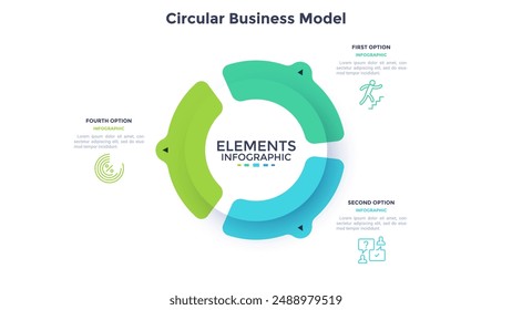 Circular scheme with three round colorful elements. Concept of cyclic business process with 3 stages. Minimal infographic design template. Modern flat vector illustration for data visualization.