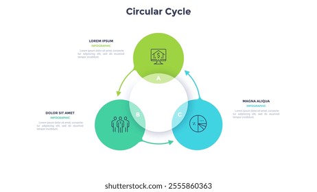 Circular scheme with three round colorful elements. Concept of cyclic business process with 3 stages. Minimal infographic design template. Modern flat vector illustration for data visualization.